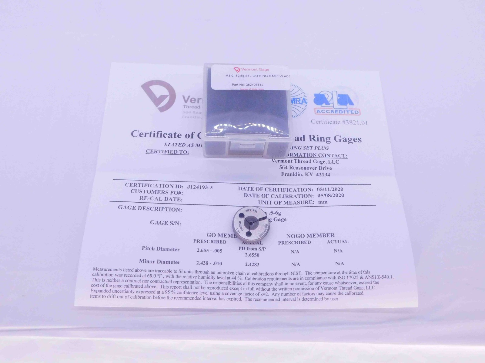 NEW CERTIFIED M3 X .5 6g VERMONT THREAD RING GAGE 3 0.5 GO ONLY P.D. = 2.655