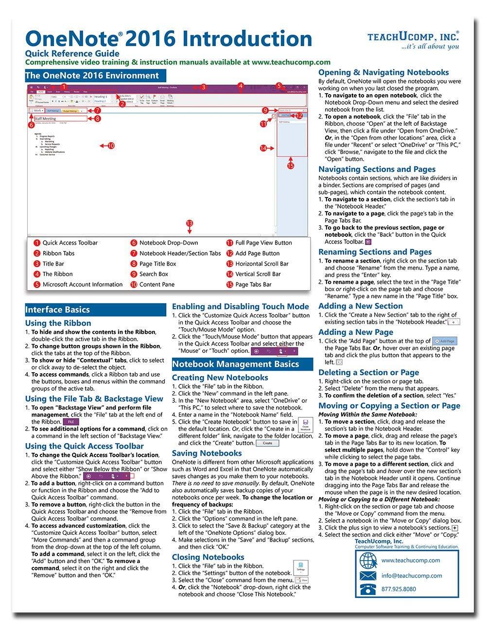OneNote 2016 Training Guide Quick Reference Card 4 Page Cheat Sheet Instruction