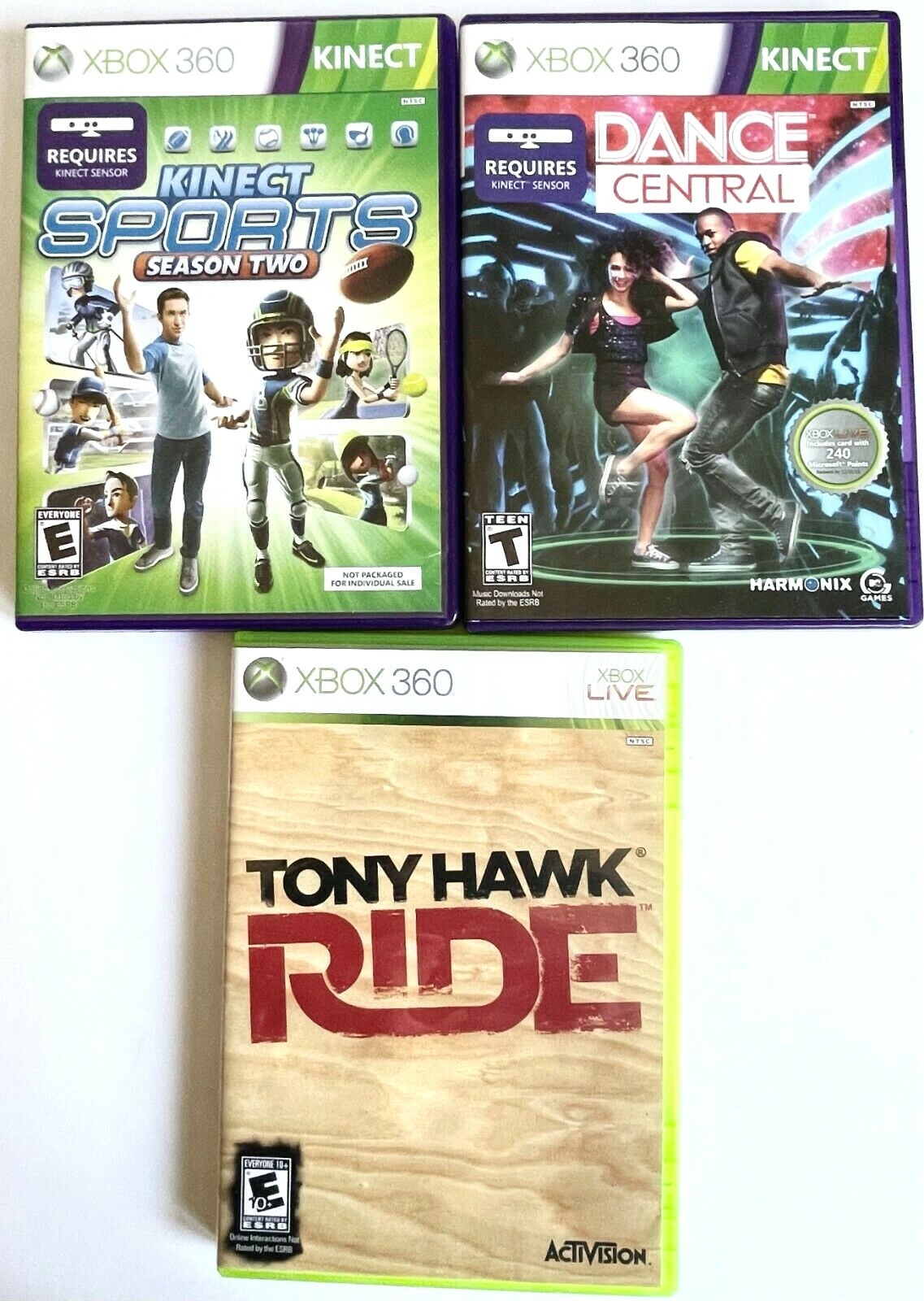 XBOX 360 CONSOLE + 2 CONTROLLERS, CHARGER, KINNECT, POWER, HDMI CABLES & 3 GAMES