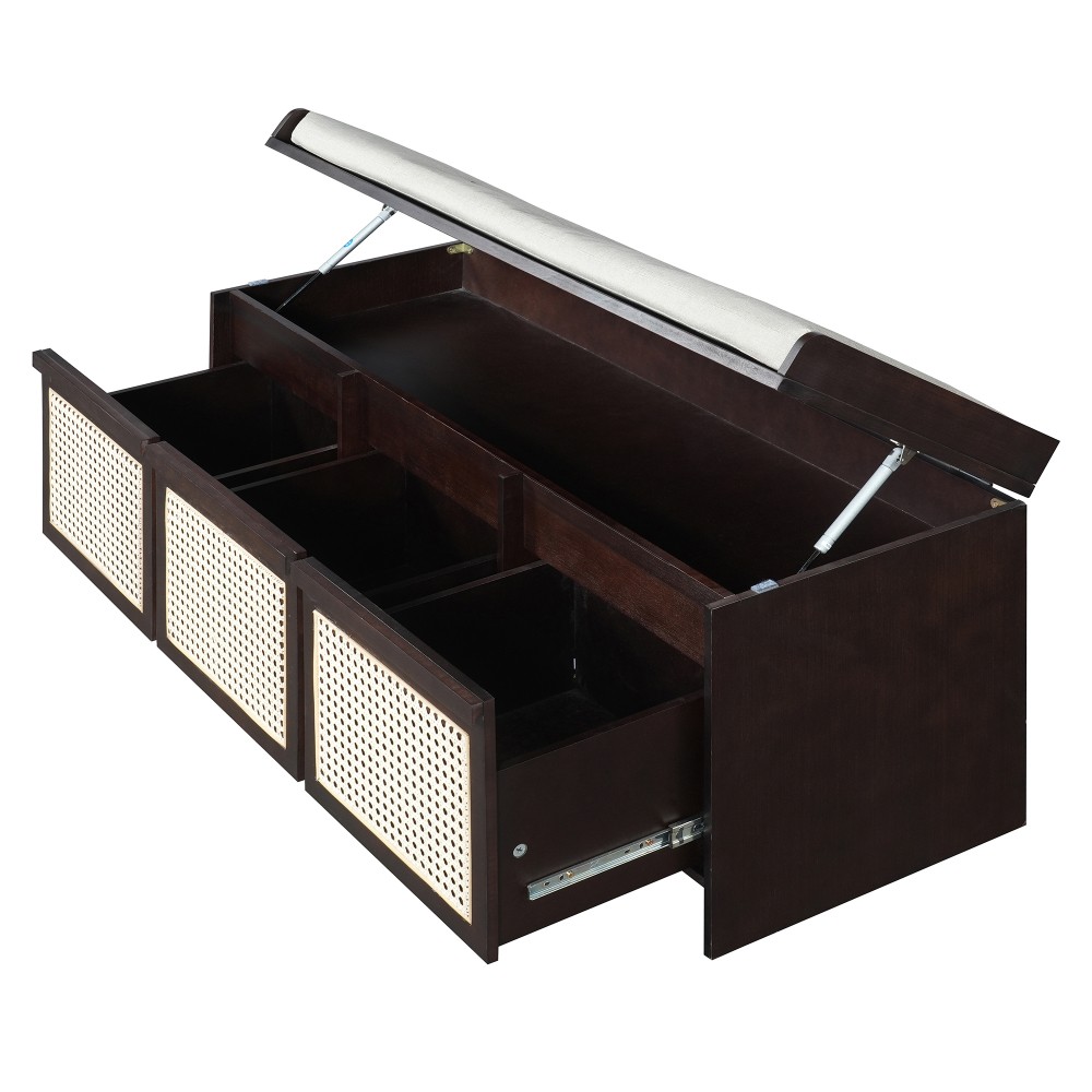 Entryway Shoe Bench, Retro Storage Bench with Rattan Drawers & Removable Button