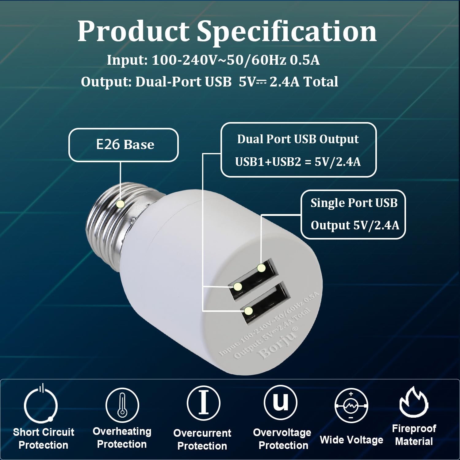 Borju Light Socket USB Adapter for Decorative Lights,Lighting,Security White