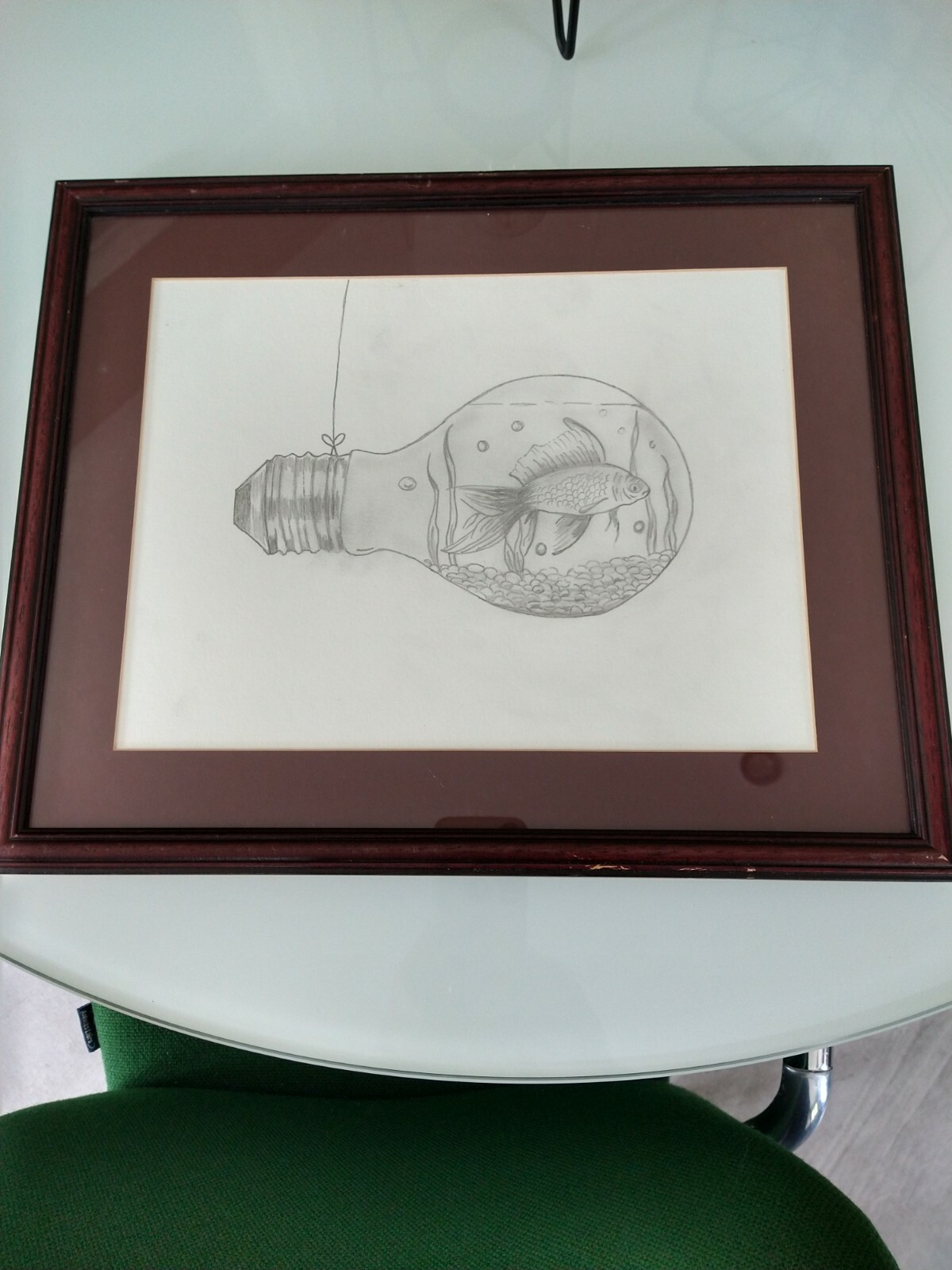 Framed Pencil Sketch Goldfish In A Lightbulb