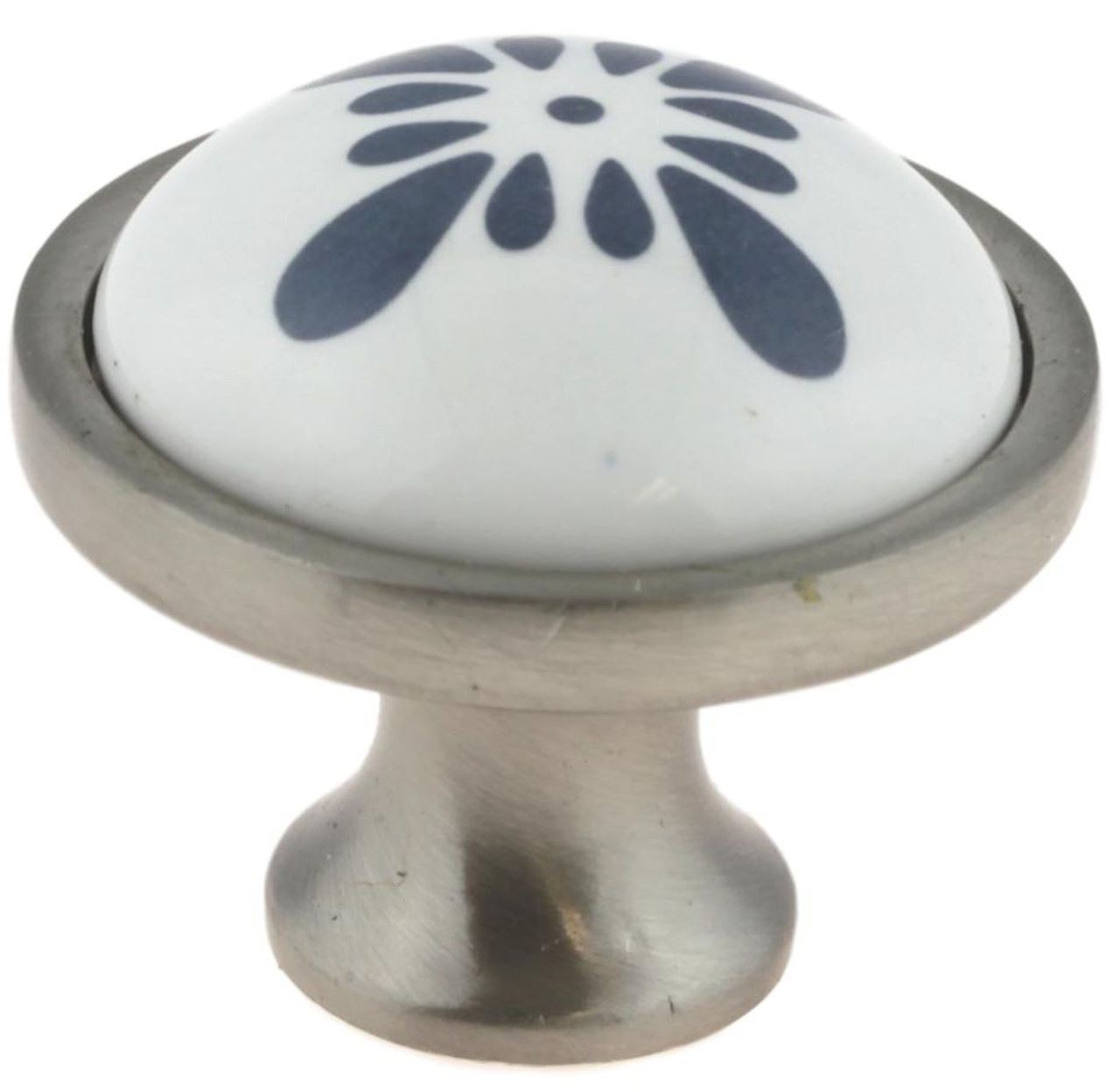 1-1/4" Blue-Grey Flower on White Ceramic Knob Satin Nickel