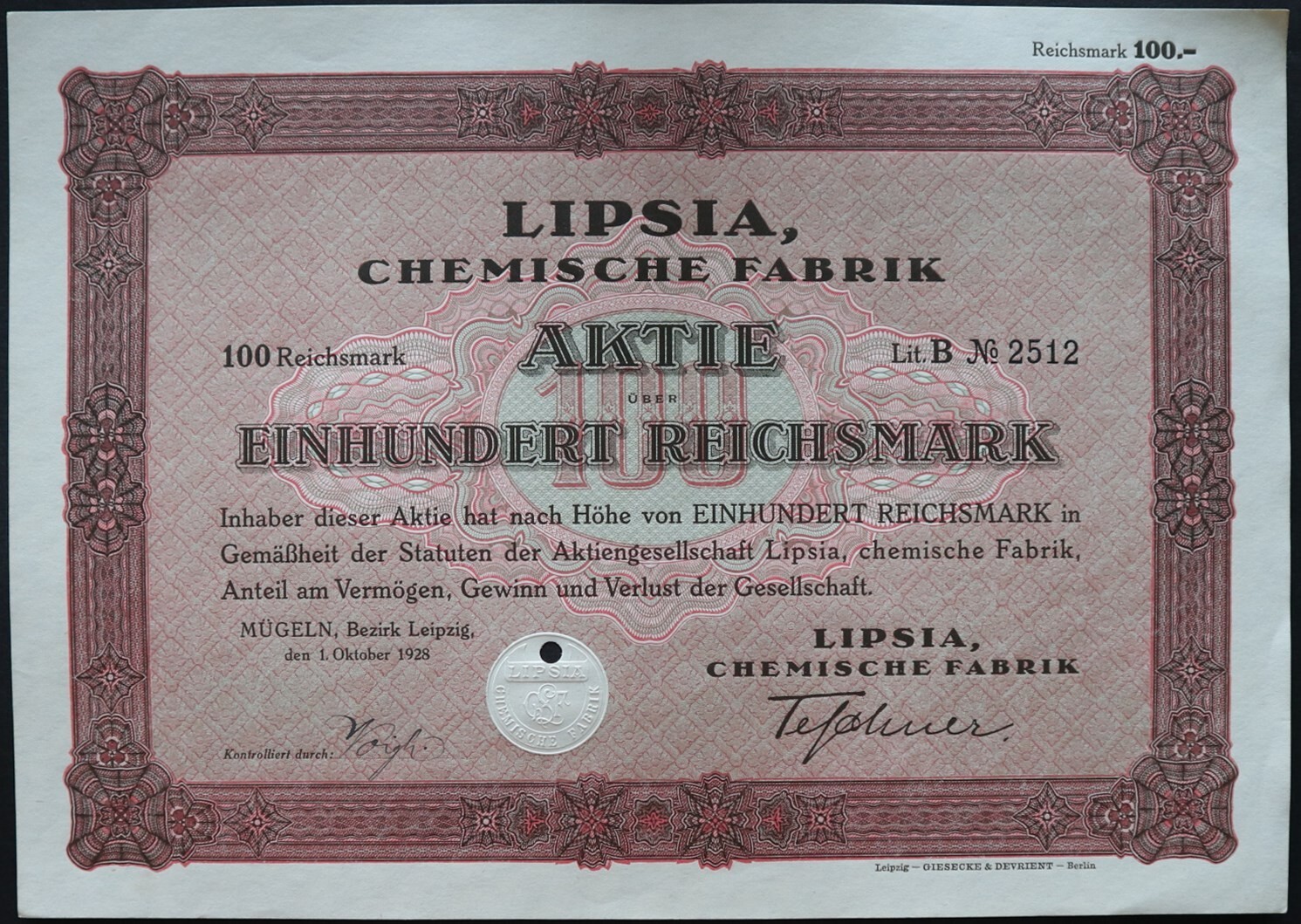 100 Reichsmark 1928 - Series: 2512 - Germany Loan Bond -  "Y43