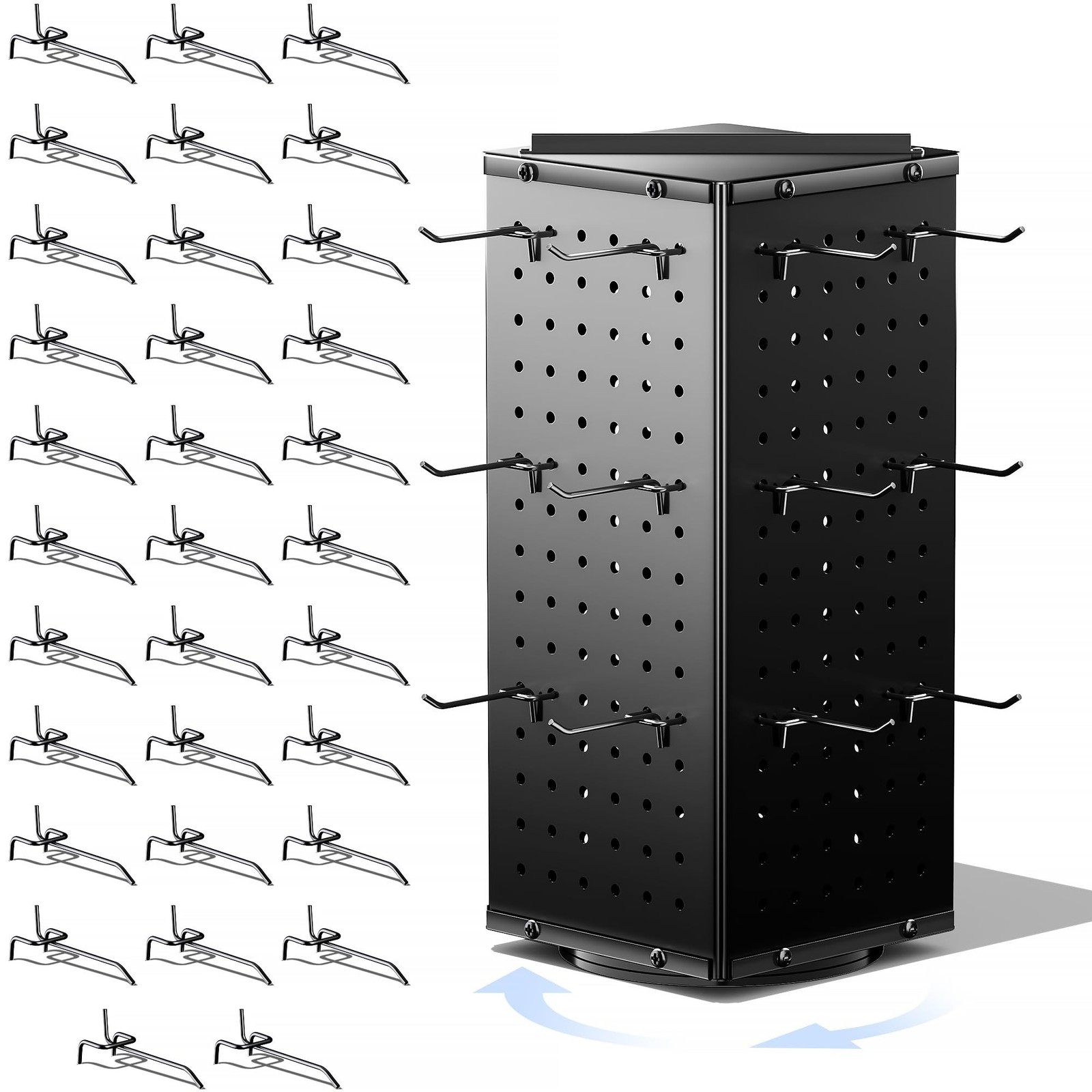 Rotating Peg Board Display Stand with 32 Hooks, Metal Revolving Pegboard Coun...