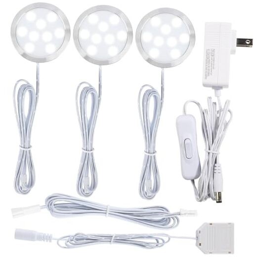 Plug-in Under Cabinet Round Puck Light Kit, 120V 3 Lights, 6000K Cool White