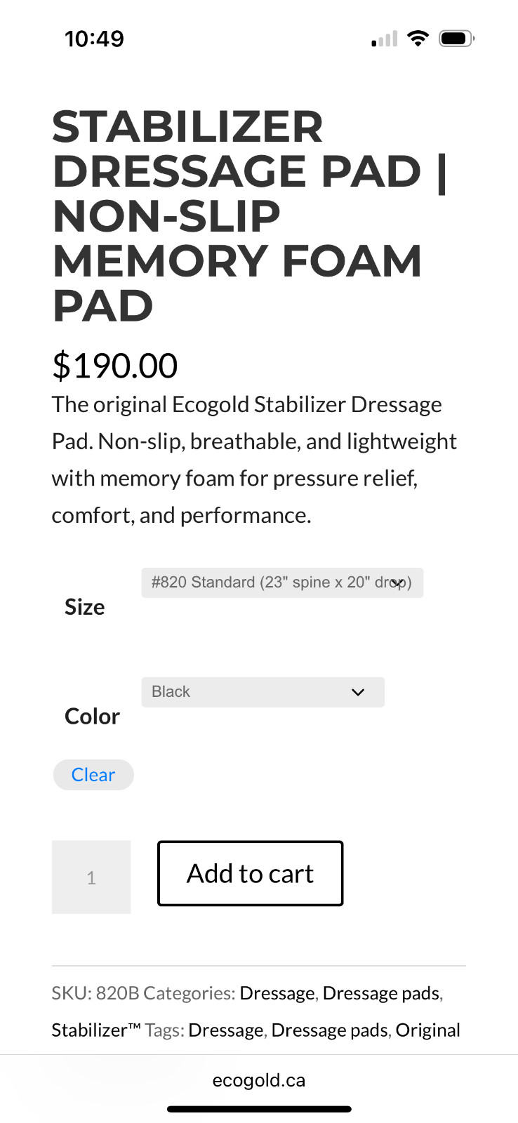 Ecogold Stabilizer Dresage Pad