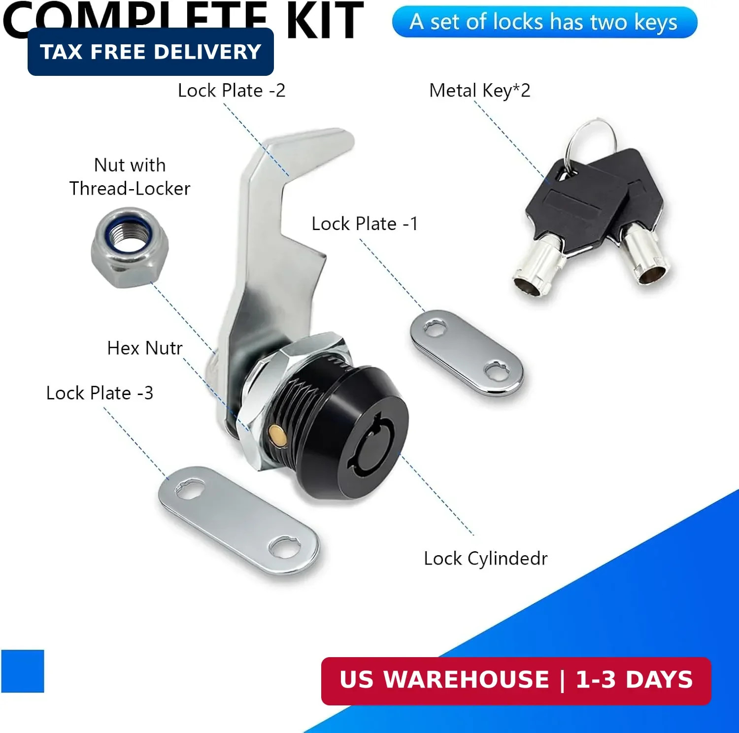 US General 5/8 Inch Black Toolbox Lock Replacement, Keyed Alike Cabinet Cam