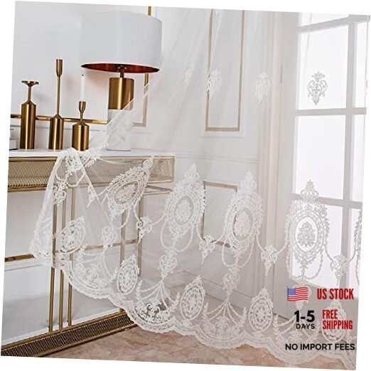 Amidoudou 1 Pair European Embroidered Gauze Lace 54"W x 90"L (Pack of 2) White