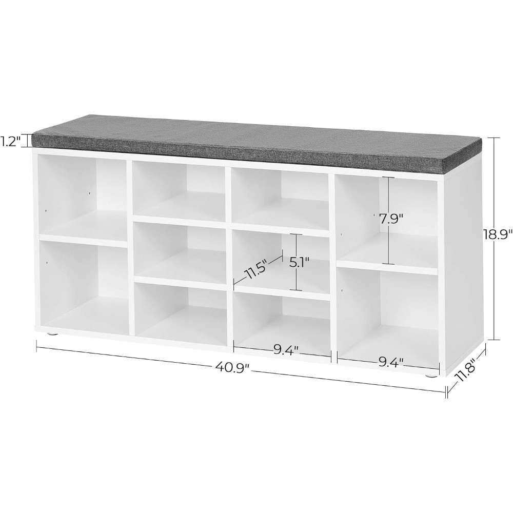 Shoe Bench with Padded Seat Storage Entryway Bench 10 Compartments Cloud White