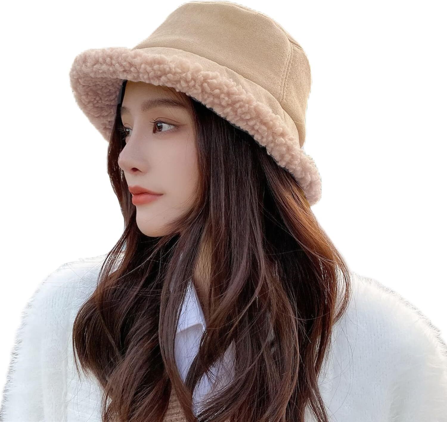 Peicees Winter Fluffy Bucket Hat for Women Girls Fuzzy 6 1/2-6 3/4, Khaki