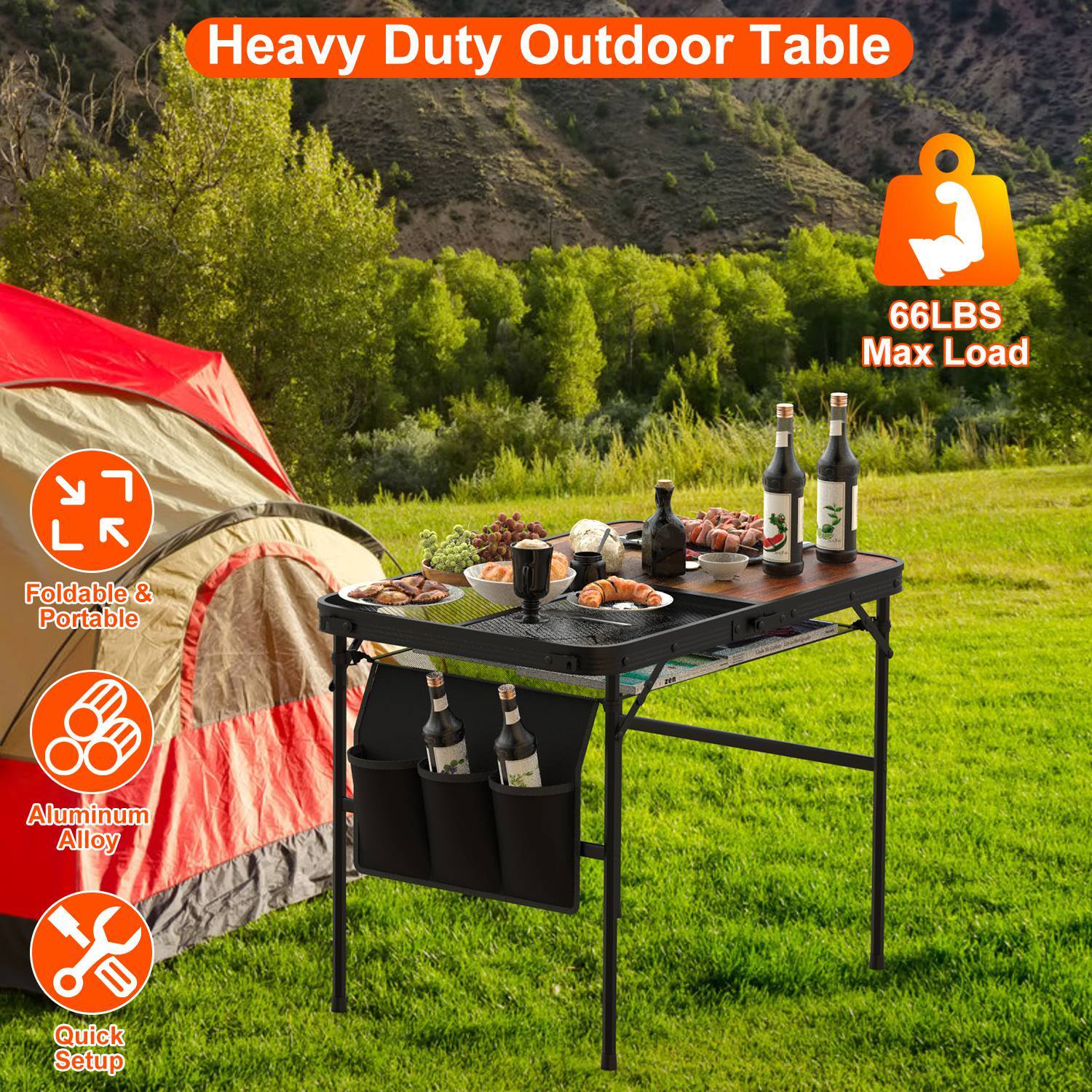 Foldable Camping Table Picnic Aluminum Grill Stand Height Adjustable BBQ Table