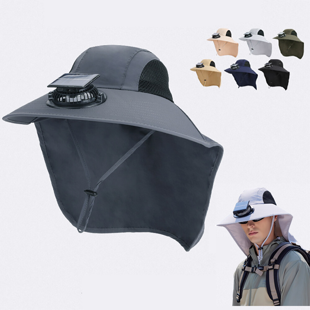 Outdoor Wide Brim Sun Hat w/ Solar Fan UV Protection Fr Fishing Hiking Men Women
