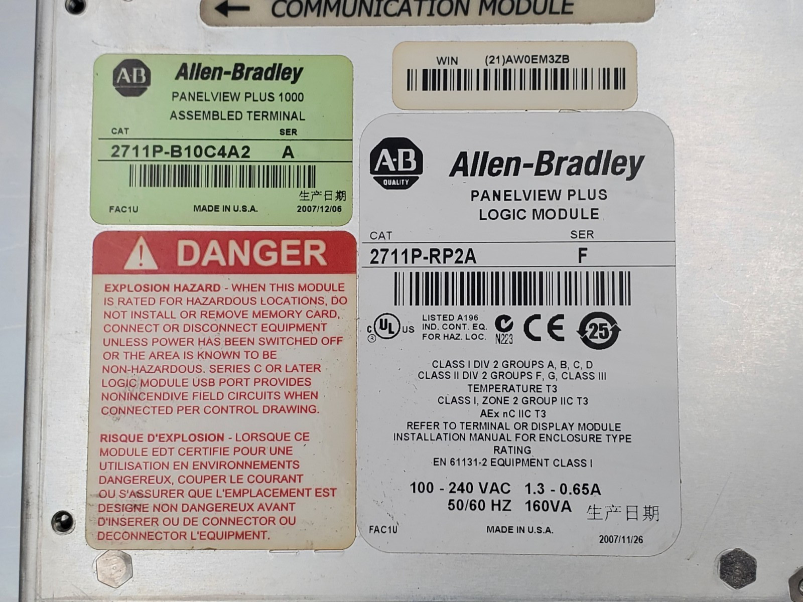 Allen Bradley 2711P-B10C4A2 PanelView Plus 1000 Operator Interface 240V 1.3A