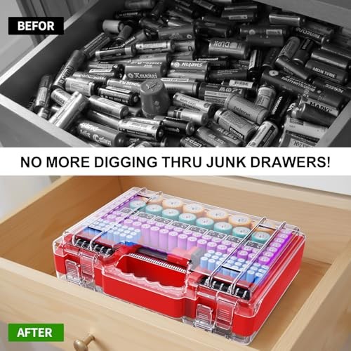 Battery Organizer Storage Case with Tester, Ultra-Large 265+ Double-Sided Red