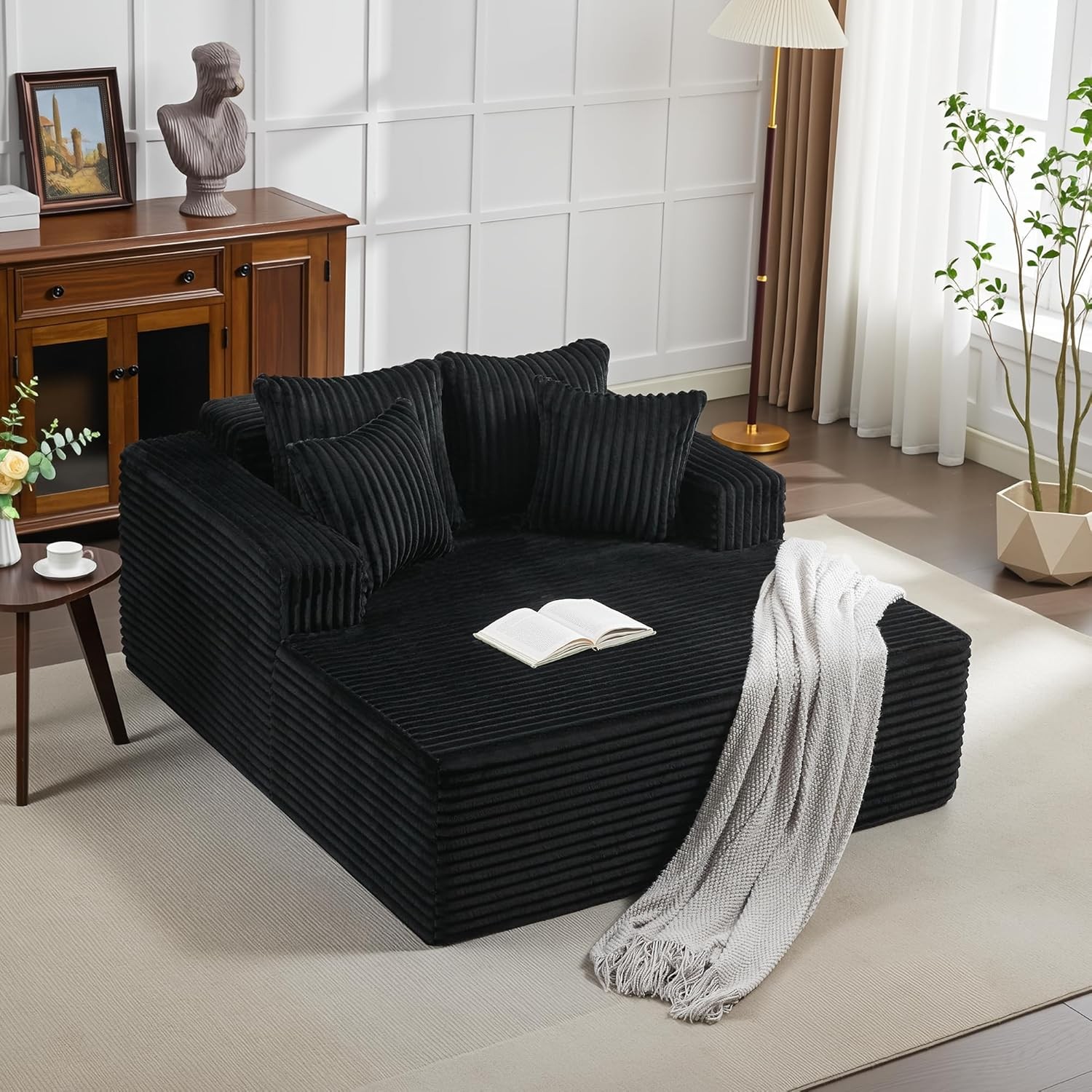 Oversized Corduroy Chaise Lounge, Deep Seat Sofa w/Pillows, No Assembly