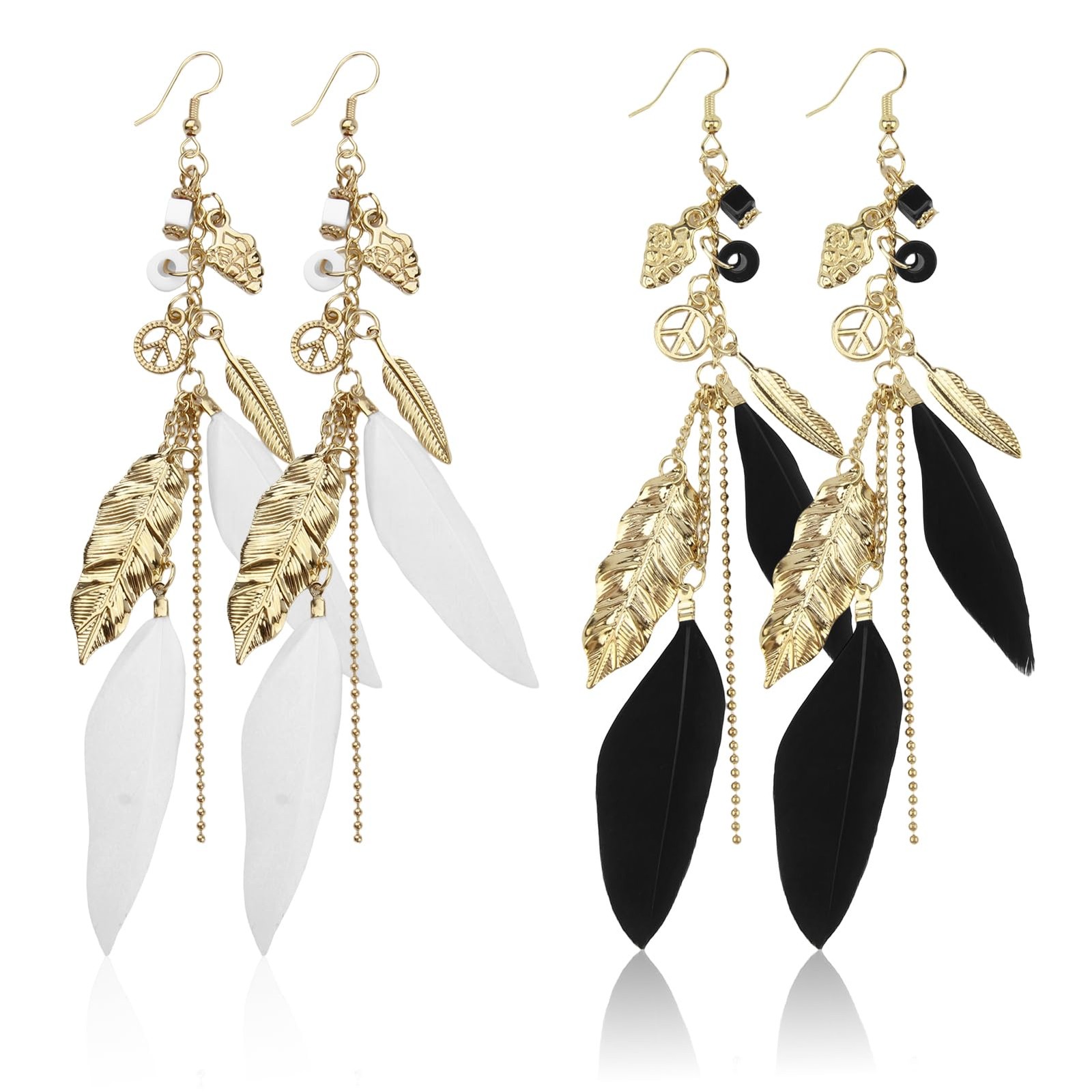 2 Pairs Bohemian Feather Earrings for Women standard, White, black