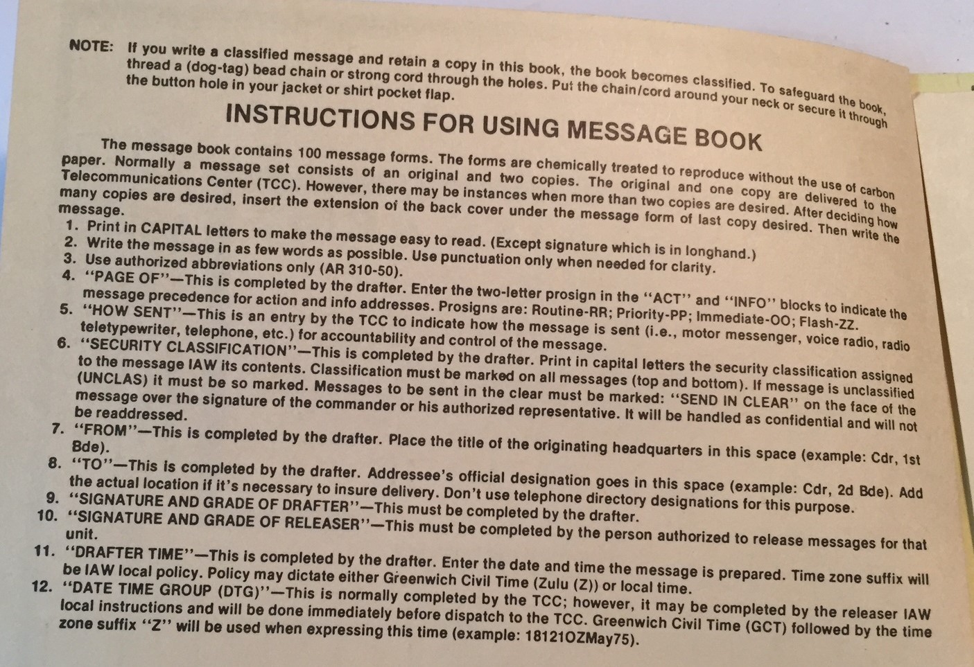 Army Message Book, DA Form 4004, 1977