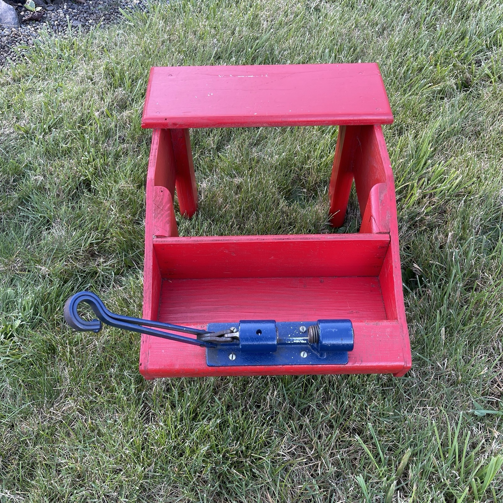 Vintage Red Wood Bench w/ Walnut Nut Cracker Attachment