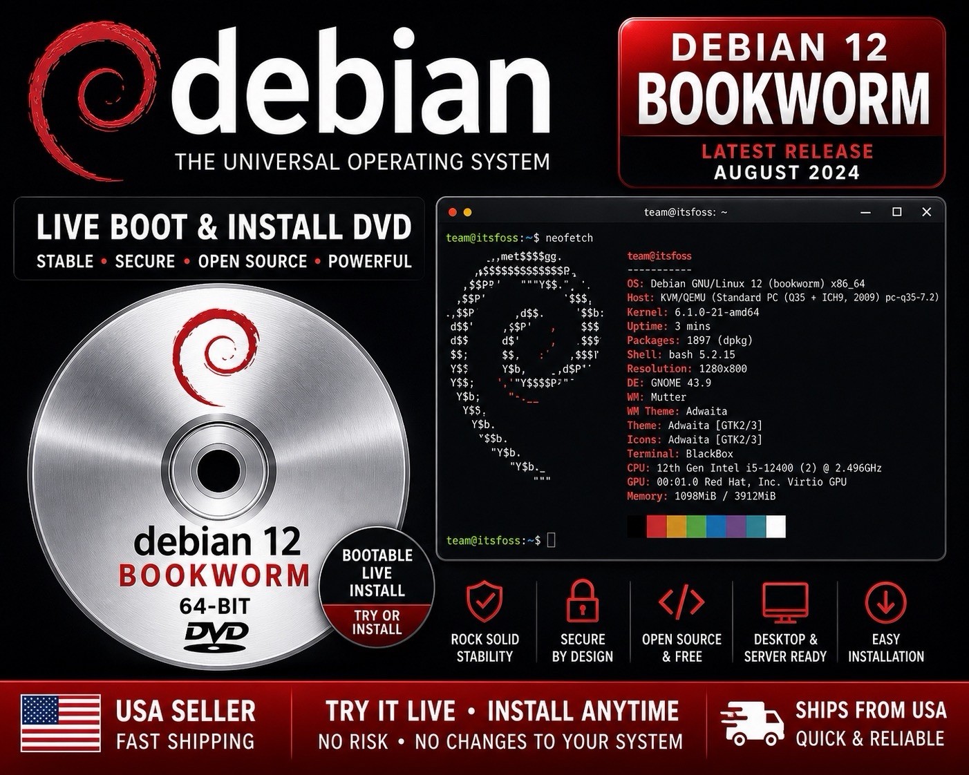 Debian 12 Bookworm Linux Live Boot & Install DVD 64-Bit USB Fast USA Ship
