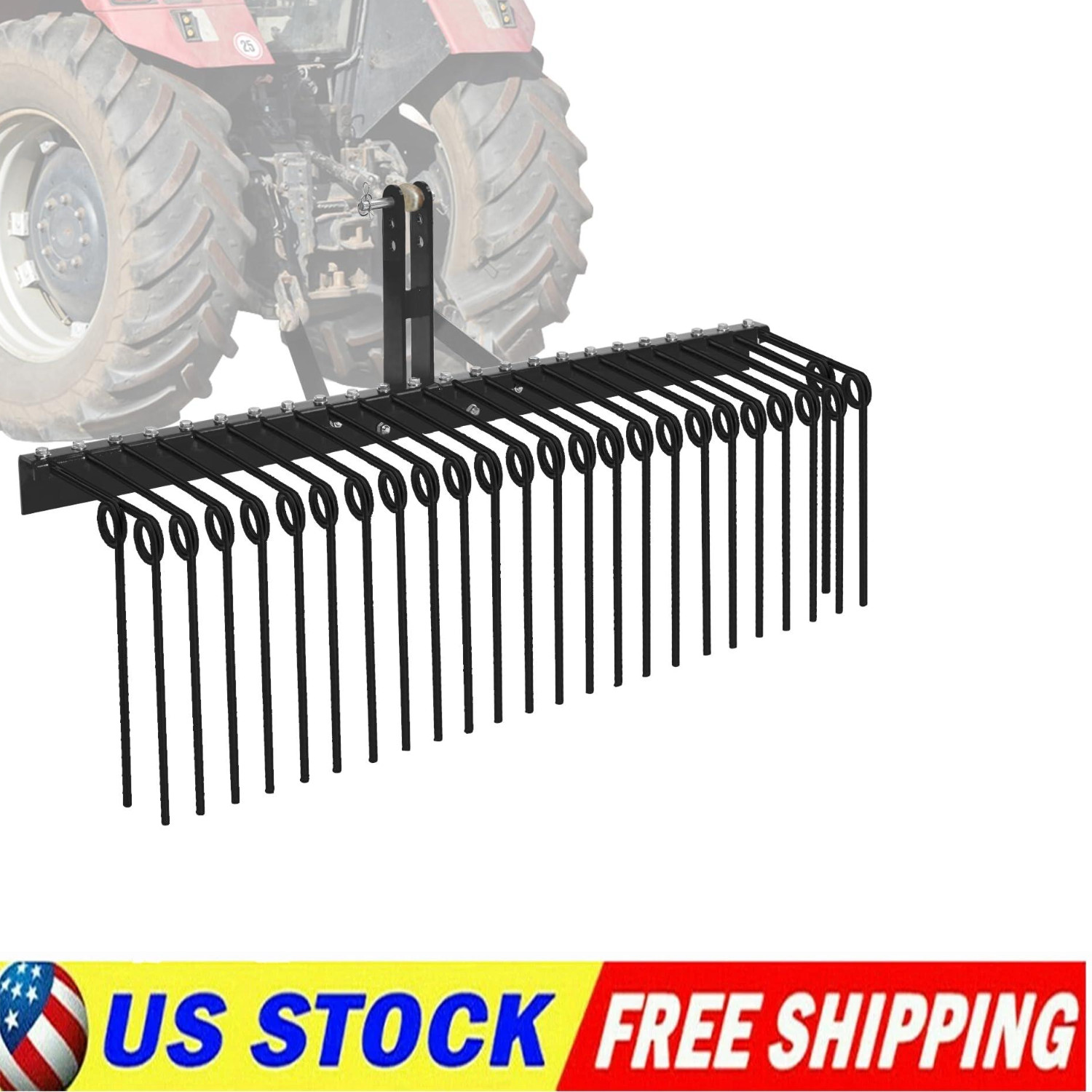 60" Pine Straw Rake for Tractor, Heavy-Duty Steel Landscape Rake, 3-Point Hitch