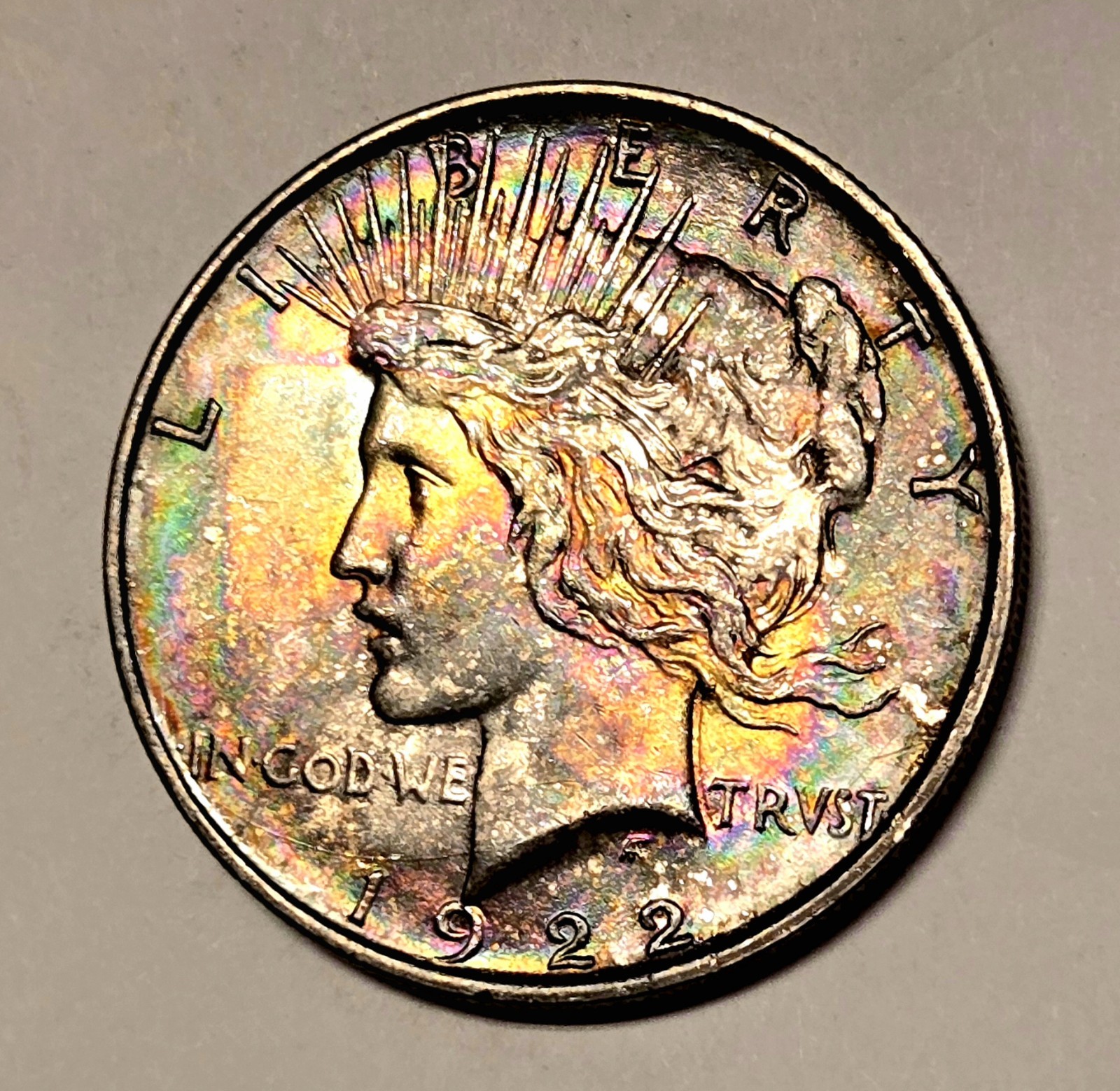 1922 D Peace Silver Dollar TRUE MULTI RAINBOW TONED ALBUM HOLDER AUTHENTIC GEM