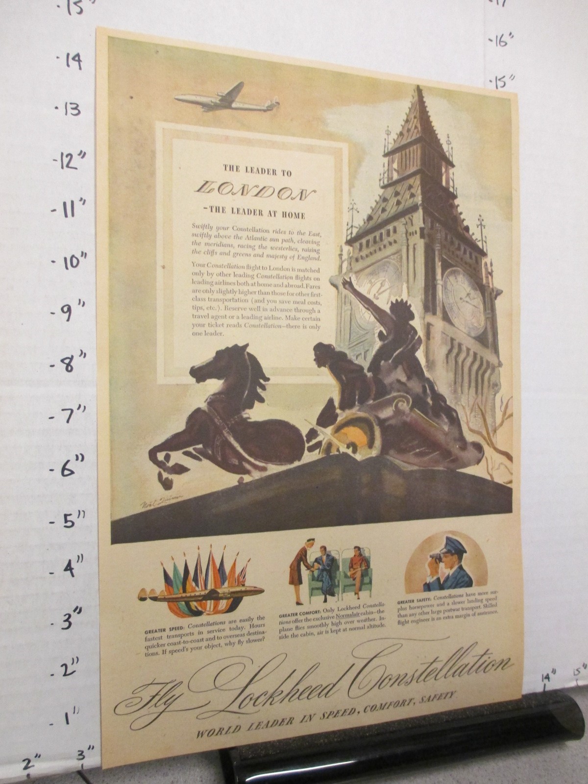 newspaper ad 1946 LOCKHEED Constellation airplane London statue American Weekly