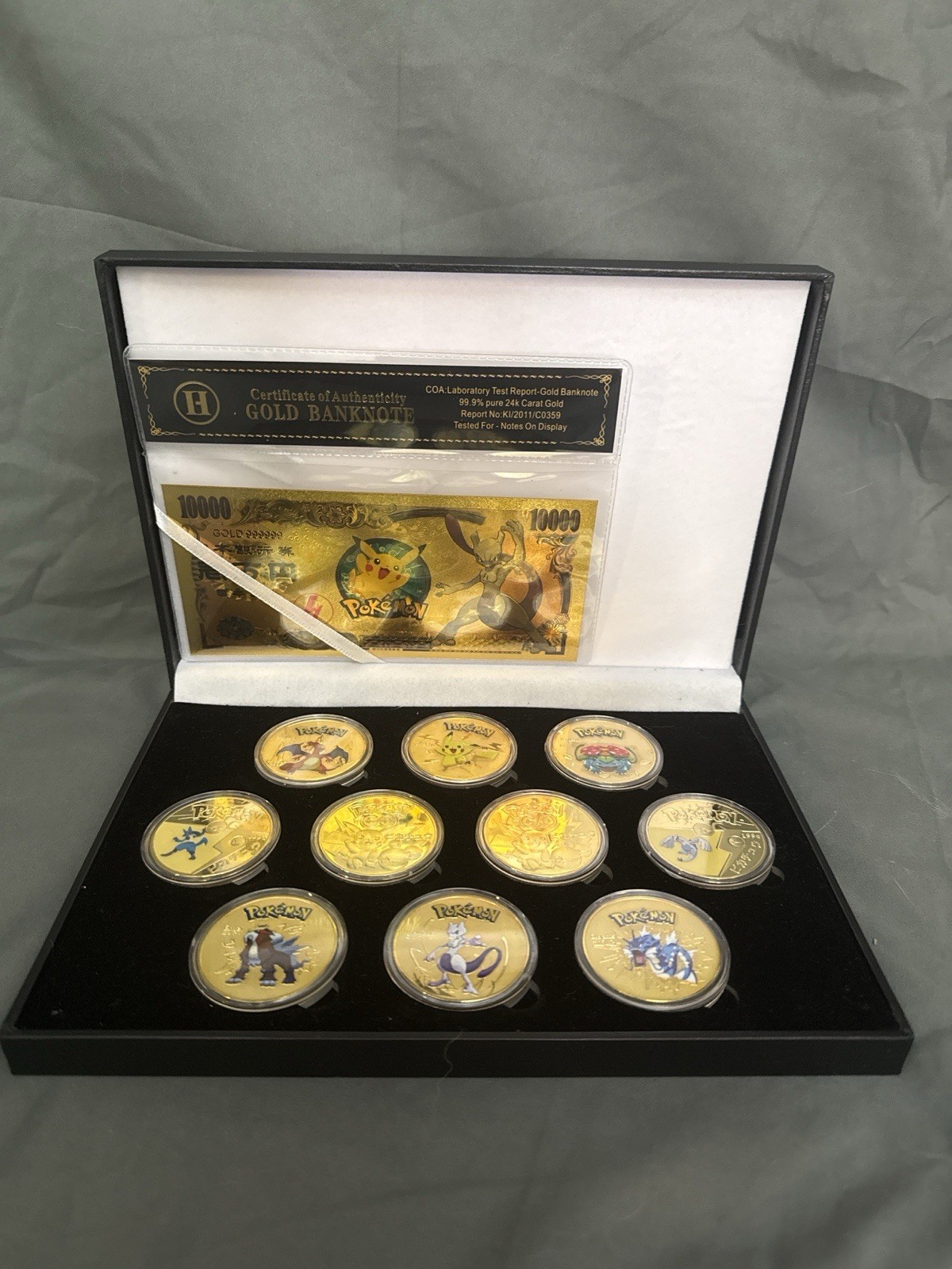 1 of 1 Pokémon Gold Plated Coin Set 10 Coins Display Case w Banknote Rare