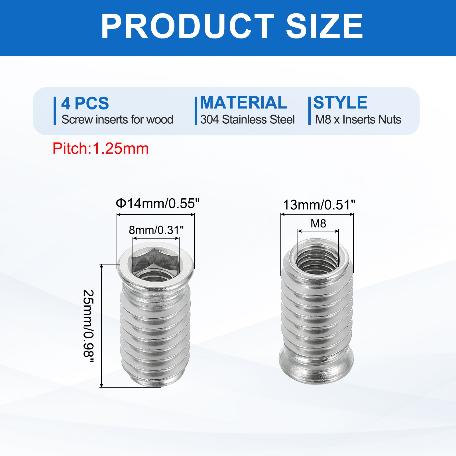 4Pcs Threaded Inserts Nuts, M8x25mm Hex Socket Drive Nut Inserts for Wood