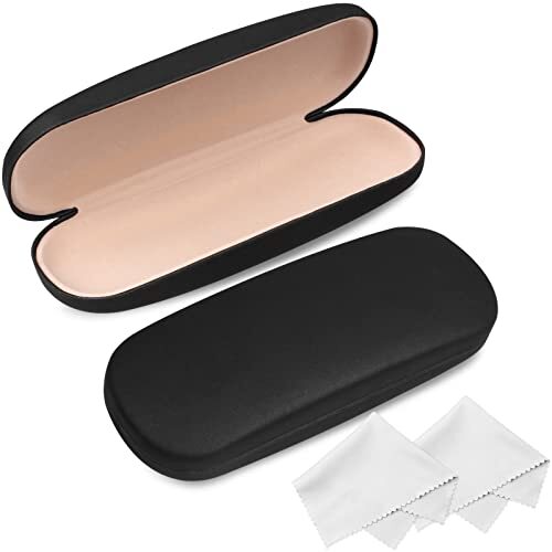 Glasses Case, 2 Pack Eyeglass Case with Cleaning Cloth, Glasses Case Black