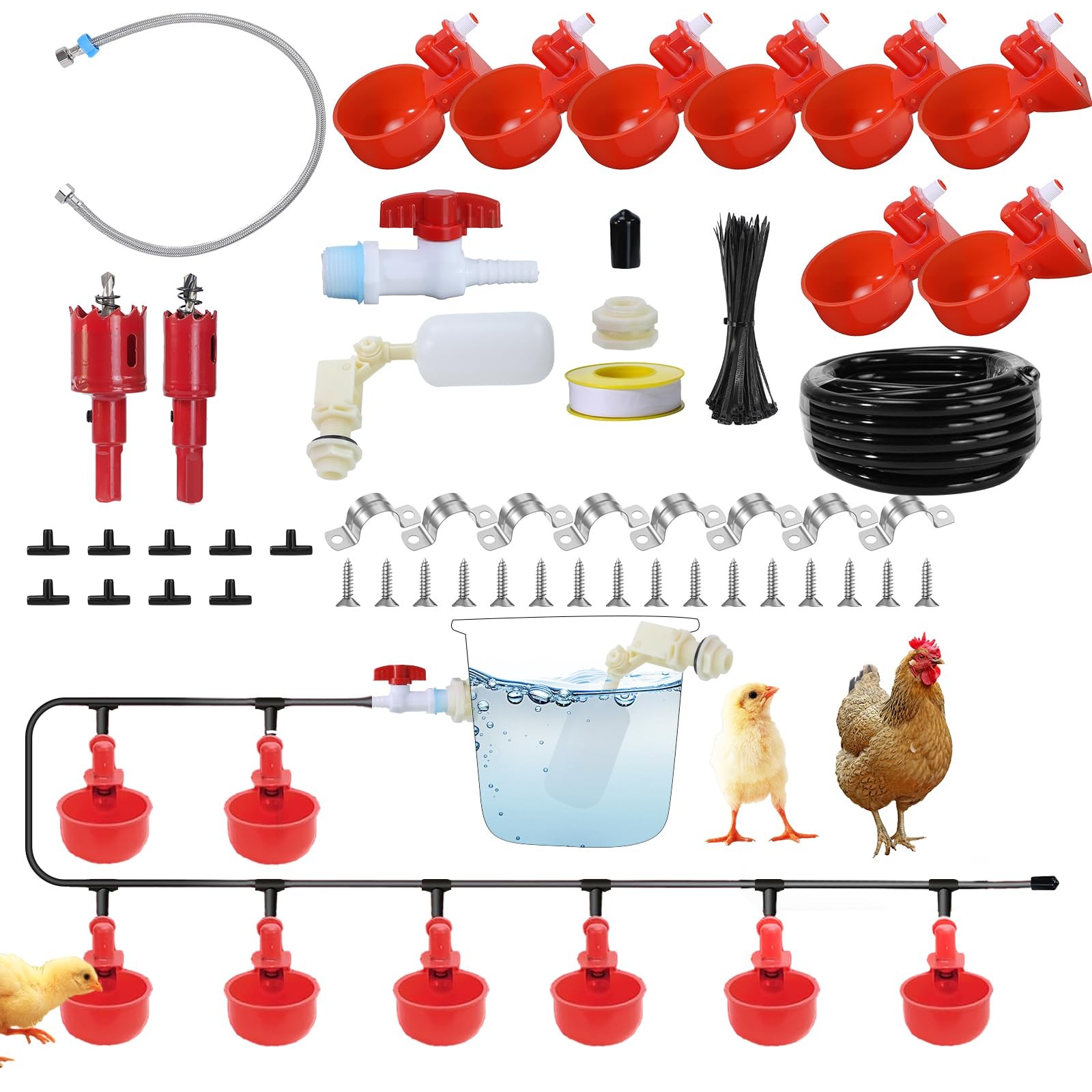Automatic Chicken Watering System with 8 Cups, 6m Hose, Float Valve - Includes