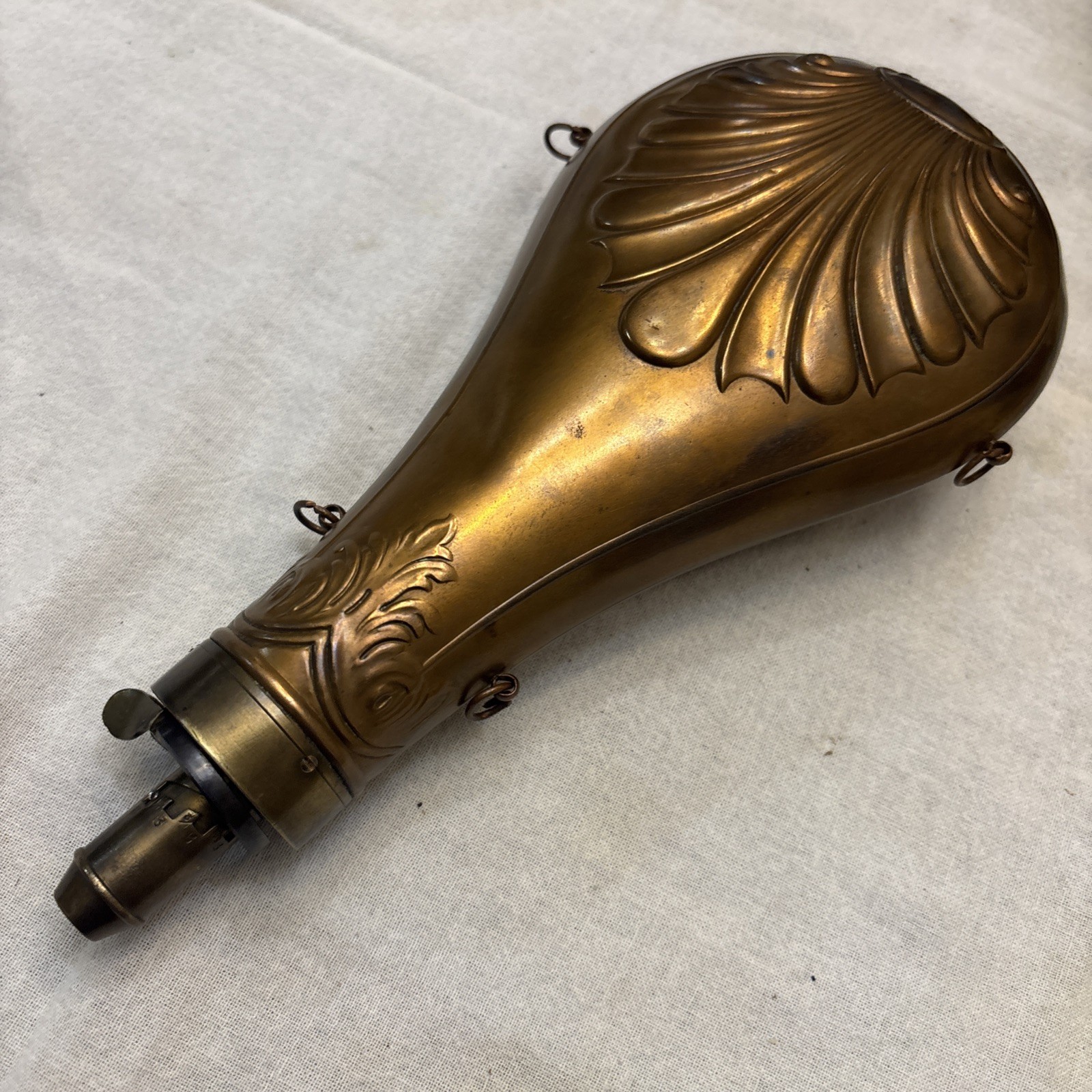 Antique Copper & Brass Black Powder Flask – Floral Shell Embossed