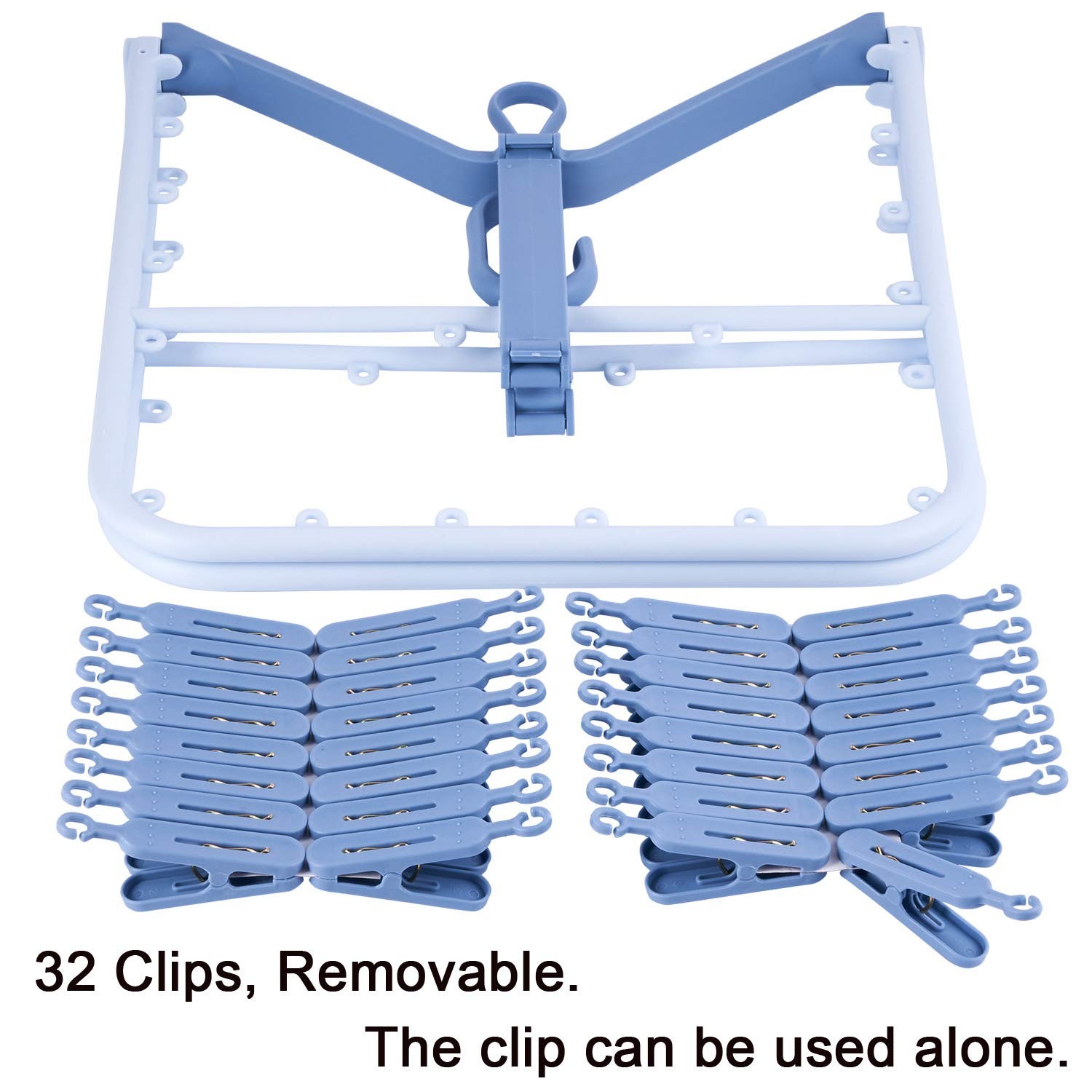 Foldable Clip Hangers Blue with 32Pcs Drying Clips Wind-Proof Hook for Underw...