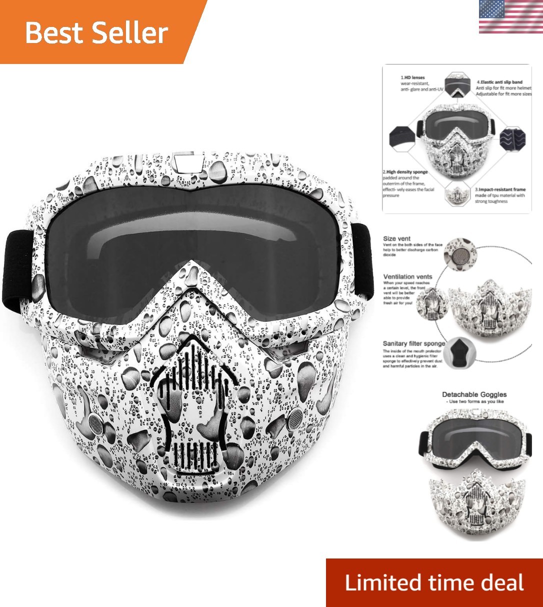Motorcycle Goggles Paintball Mask, Detachable Face Mask, Dirt Bike Safety Gog...