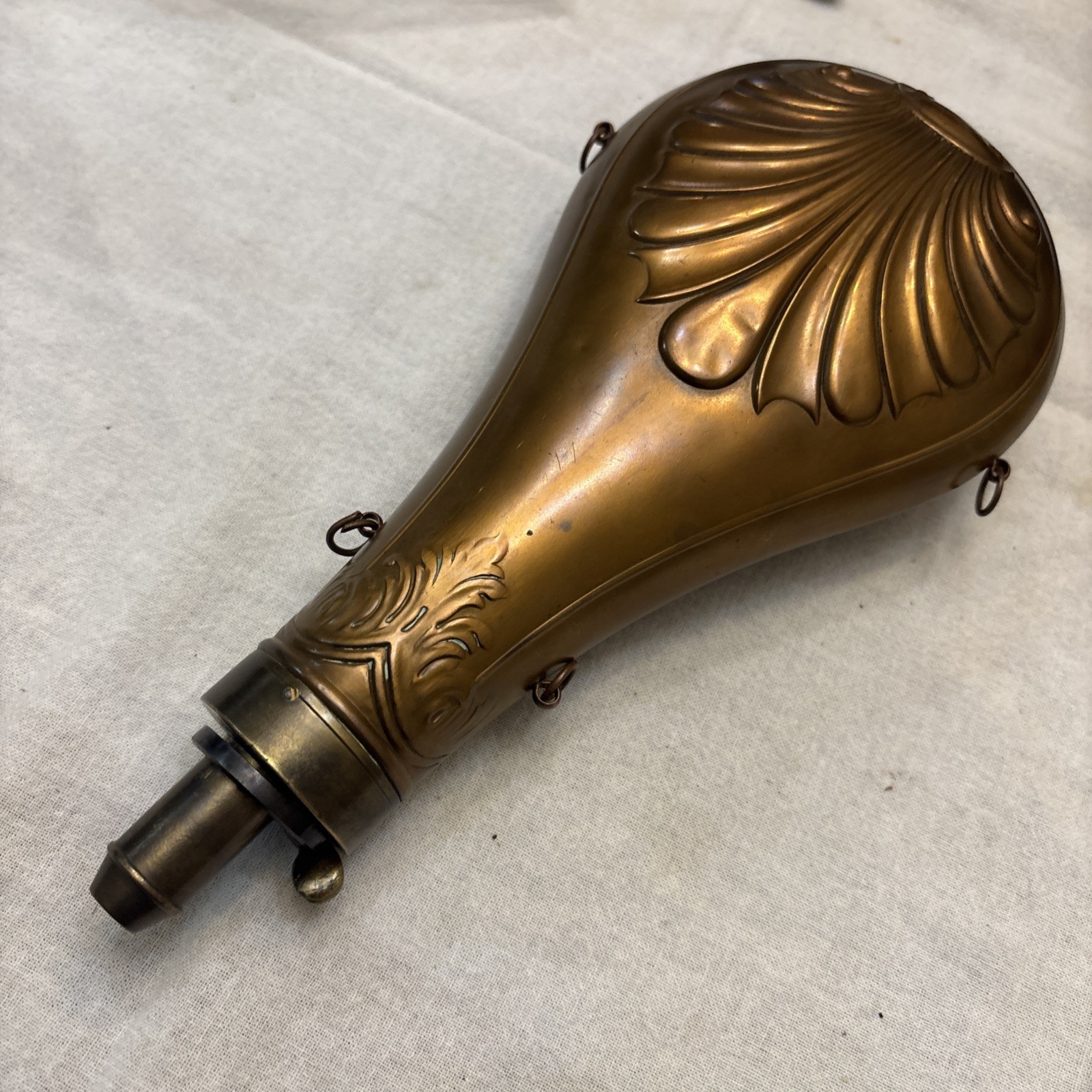 Antique Copper & Brass Black Powder Flask – Floral Shell Embossed
