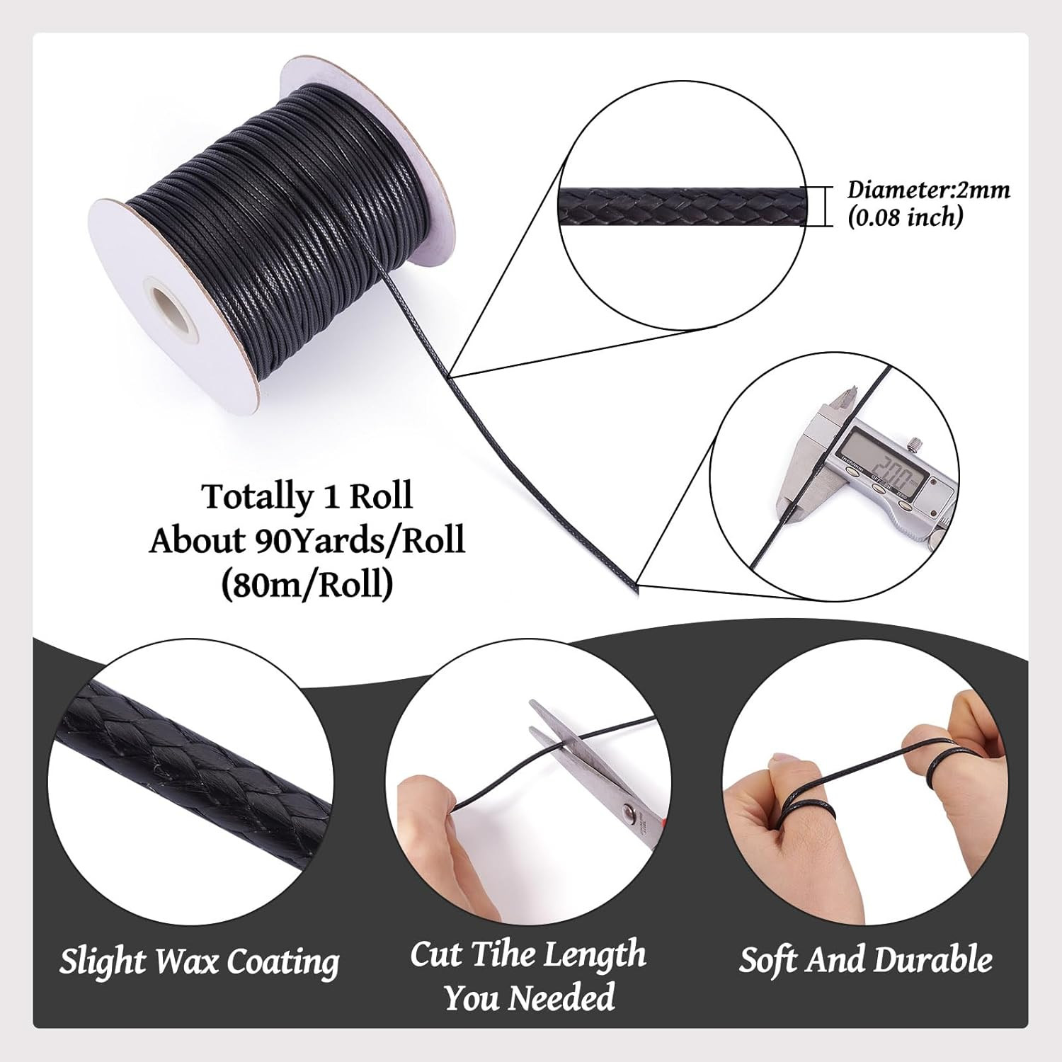 90 Yards 2Mm Black Waxed Polyester Cord Braided Thread String with Roll Spool fo