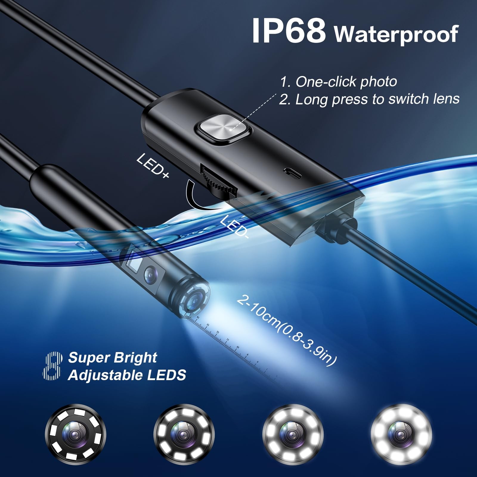 Dual Lens Endoscope Borescope Inspection Camera with 8 Adjustable LED Lights ...