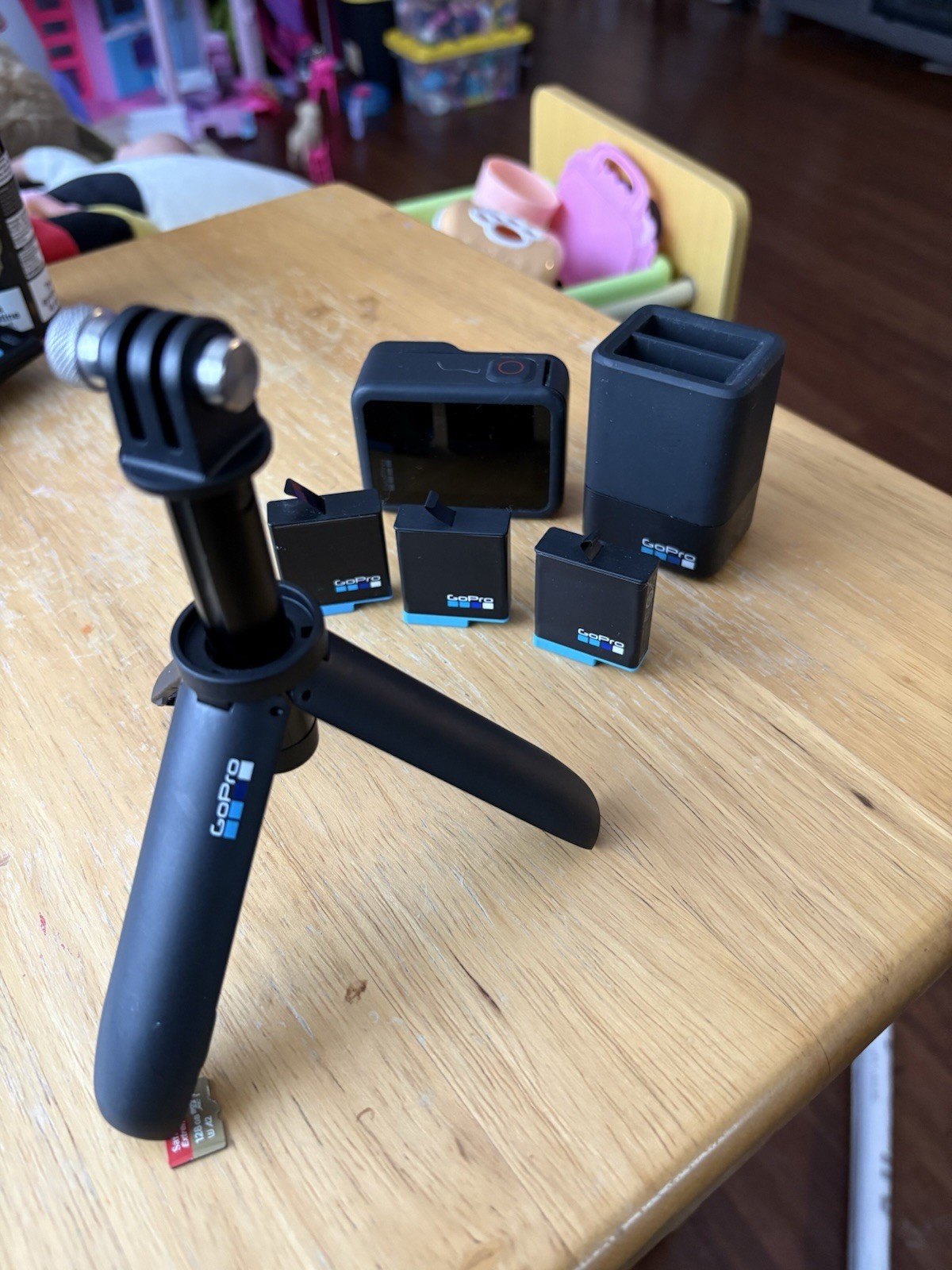 GoPro Accessory Bundle: Camera, 3 Batteries, Charger, Tripod Handle - Black