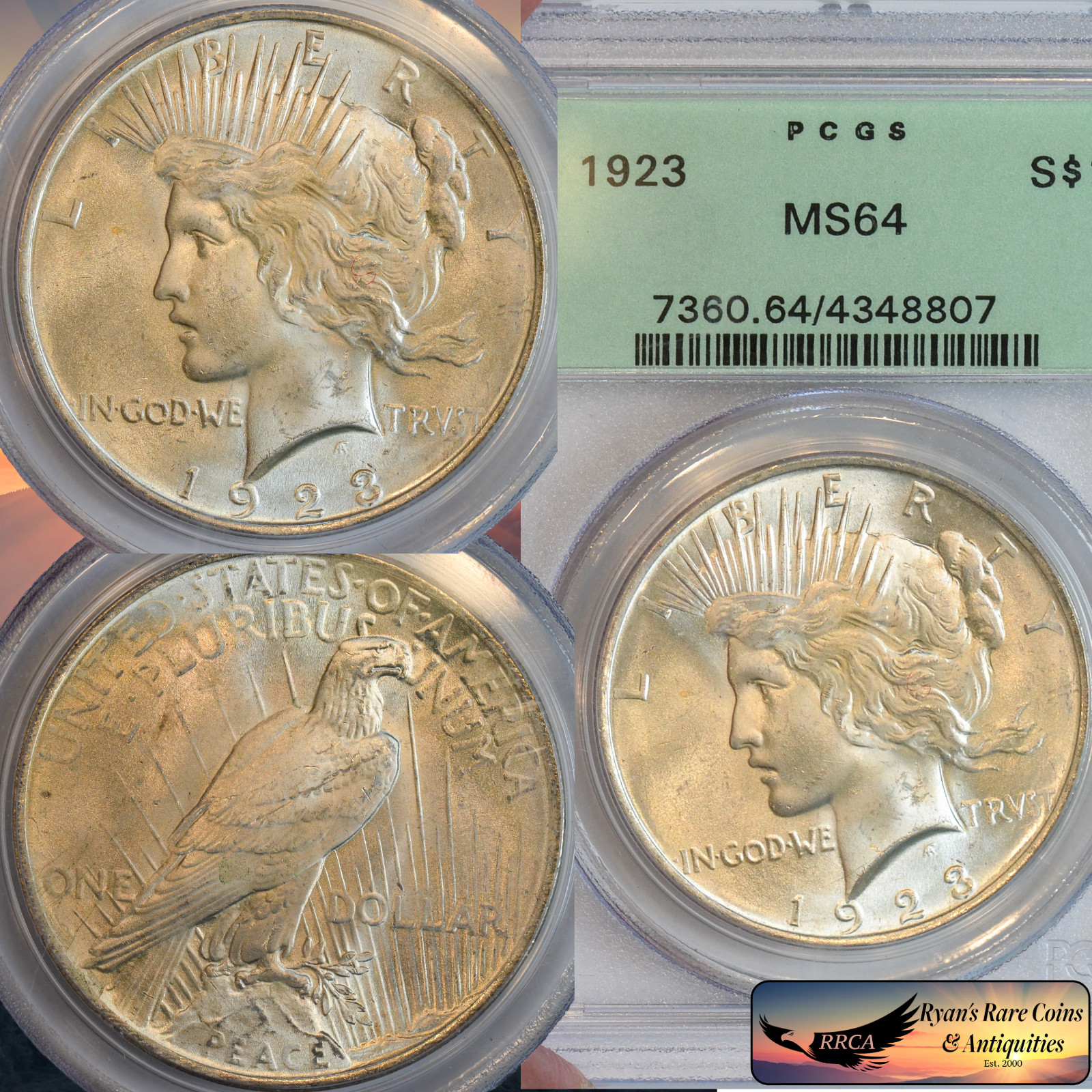 1923 Peace Silver Dollar PCGS MS64, Brilliant Uncirculated+ OGH Slab, PQ+, C8540