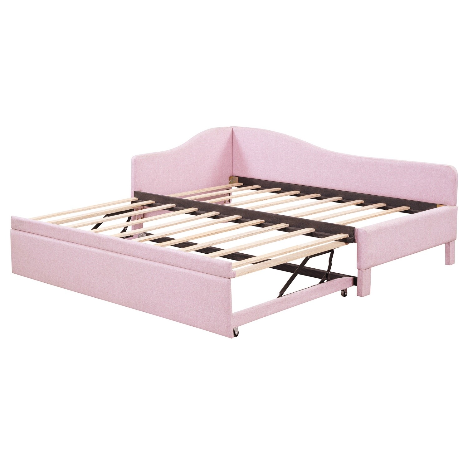 Twin Size Daybed Linen Upholstered Bed Frame Sofa Bed with Pull Out Trundle Bed
