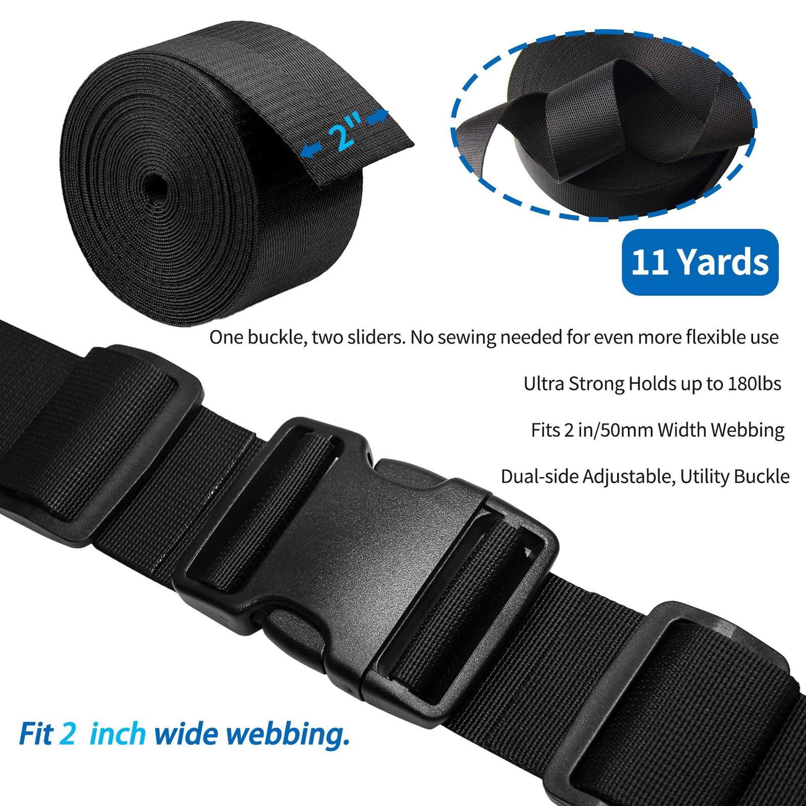 2 Inch/5cm 11 Yards Nylon Webbing Strap w/6 Set Plastic Buckles Side Release