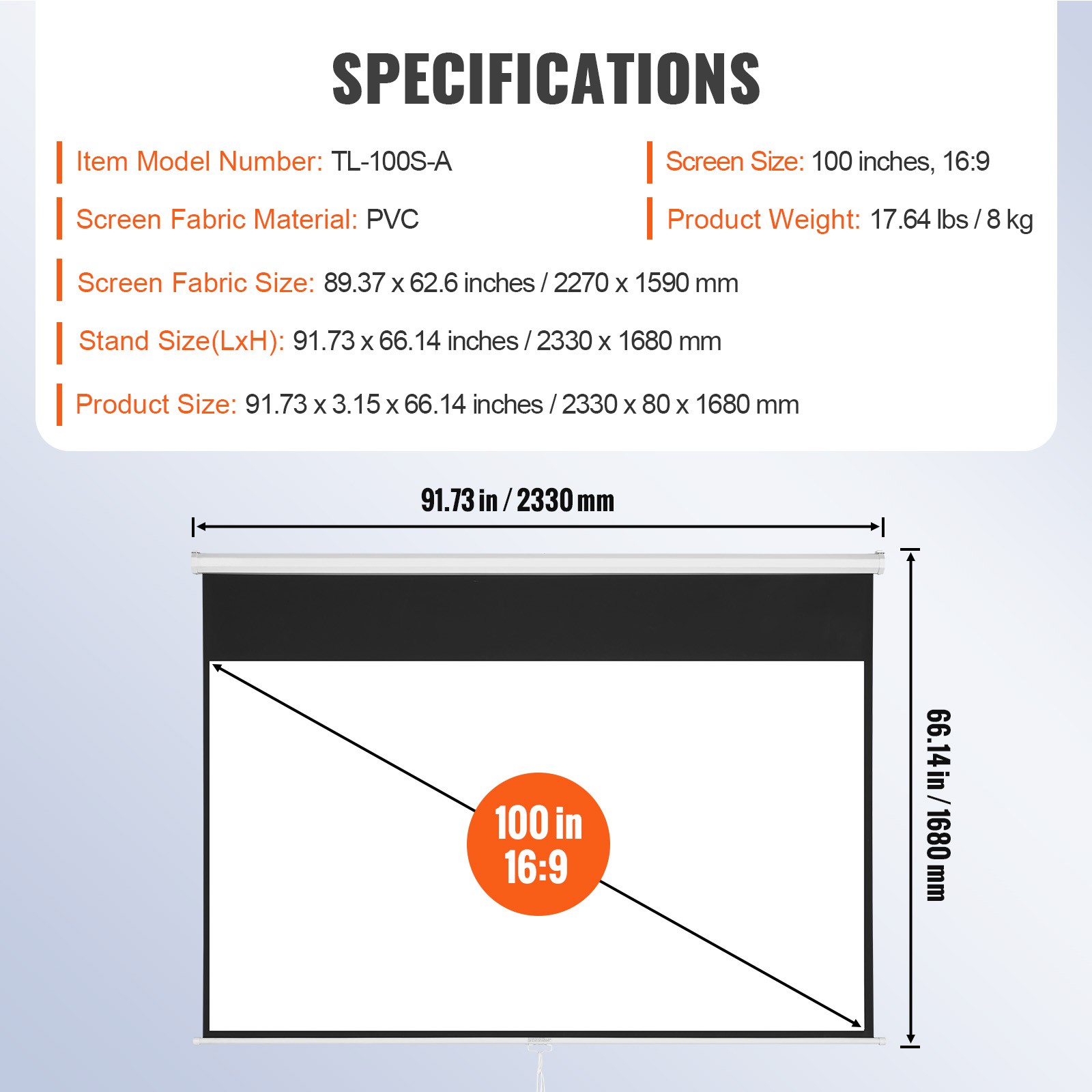 VEVOR Manual Pull Down Projector Screen 100 inch 16:9 4K 1080 HD Retractable