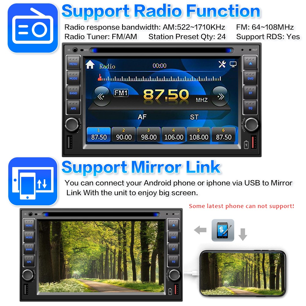 6.2" USB/SD/AUX Stereo Touch Screen Bluetooth 2 Din DVD/CD Player Remote control