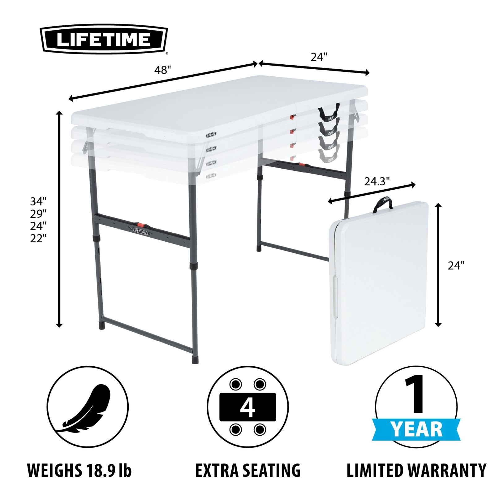4-Foot Fold-in-Half Adjustable Table (Residential)