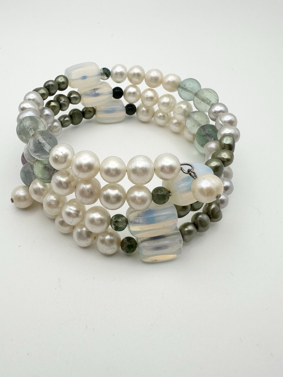 Freshwater Pearl Opalite Fluorite Wire Bracelet