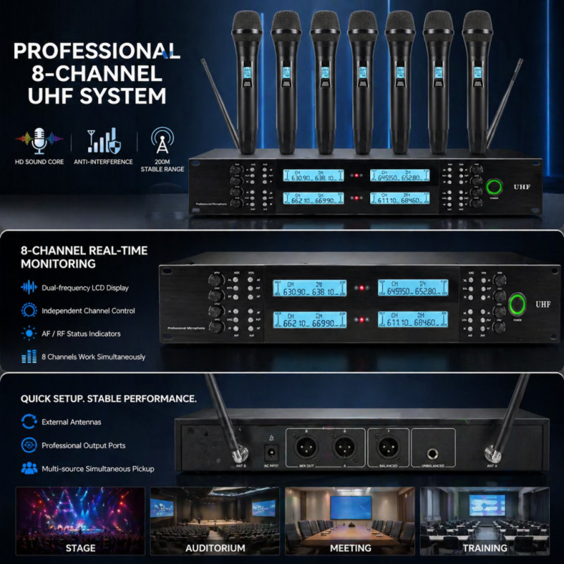 Professional 8-channel UHF wireless handheld microphone system