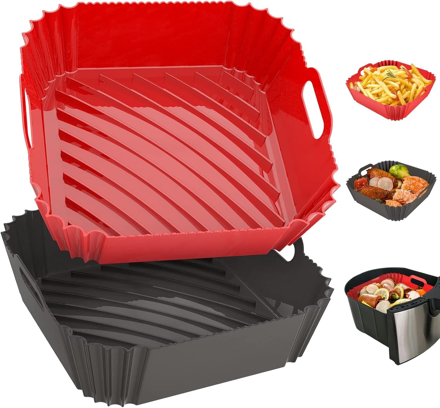 2 Pack Silicone Air Fryer Liners Reusable, 7.1 Inch For 4-7 QT, Red+Gray