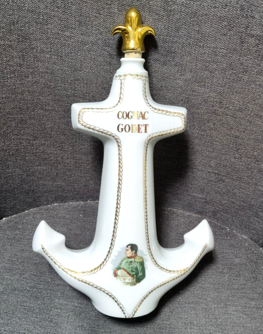 Godet COGNAC Ceramic Empty Bottle Anchor shaped White With Stopper Used