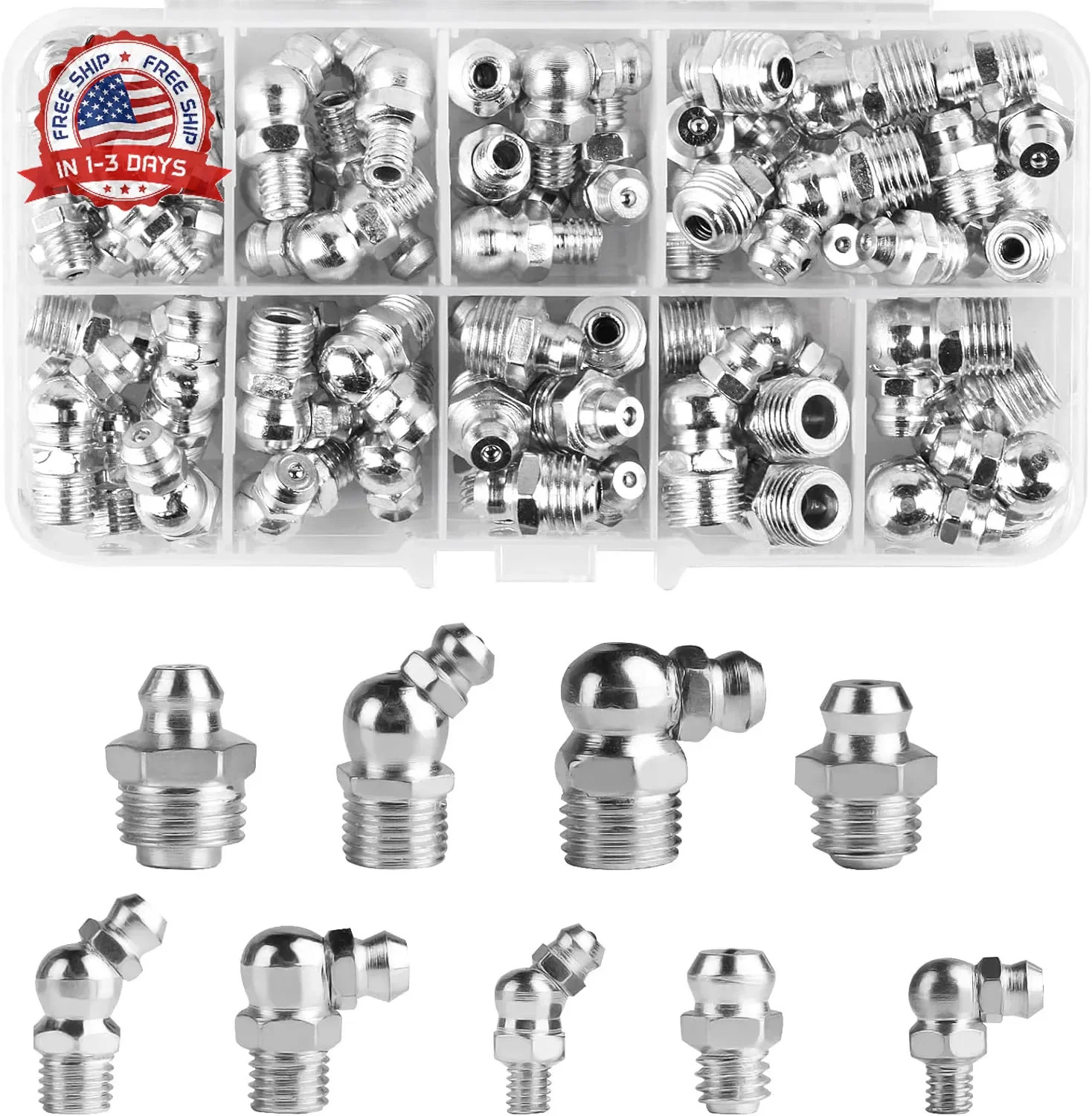 70 Pcs Metric Grease Fittings Assortment, M6 M8 M10 Metric Hydraulic Zerk Grease