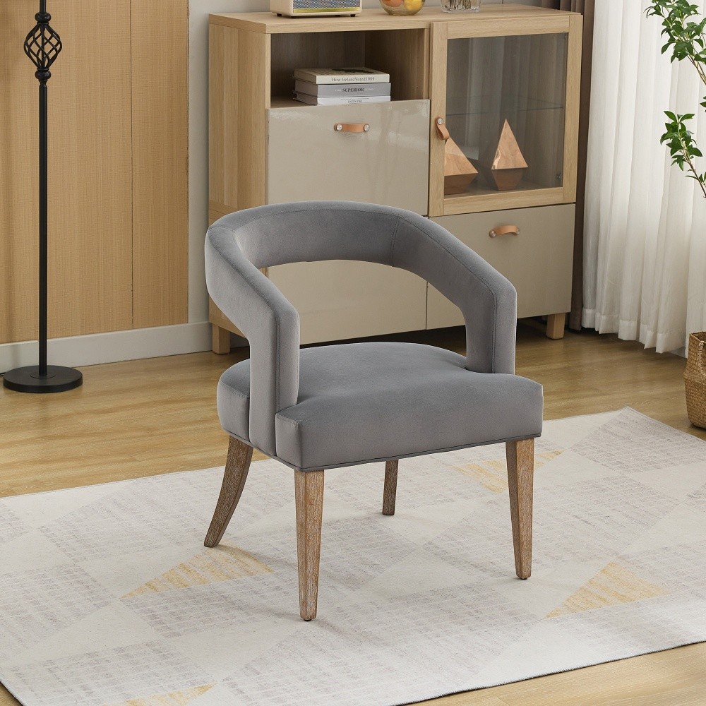 Gray Velvet Barrel Open Back Upholstered Accent Chair with Solid Wood LegsChairs